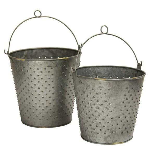 Galvanized Metal Punched Buckets Set of 2  New item Primitive - Picture 2 of 3